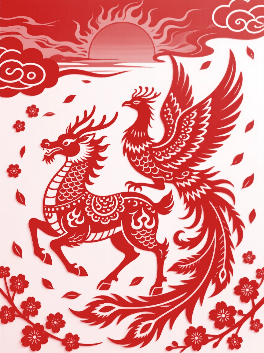 A guardian qilin, riding a phoenix across a fiery sunset sky, while cherry blossoms swirl in the sacred wind.