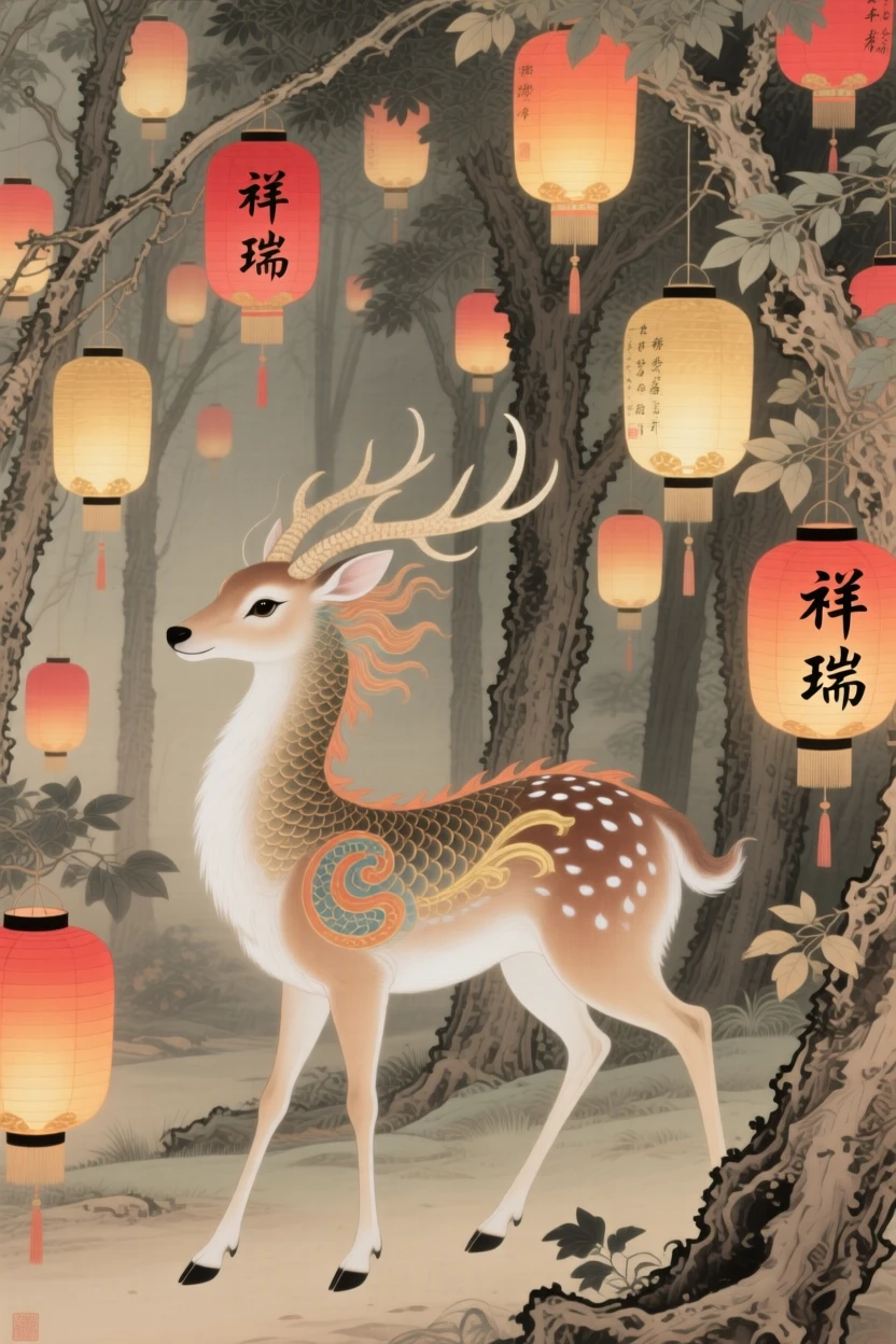 A gentle qilin with a dragon's head and deer's body through a forest of glowing lanterns