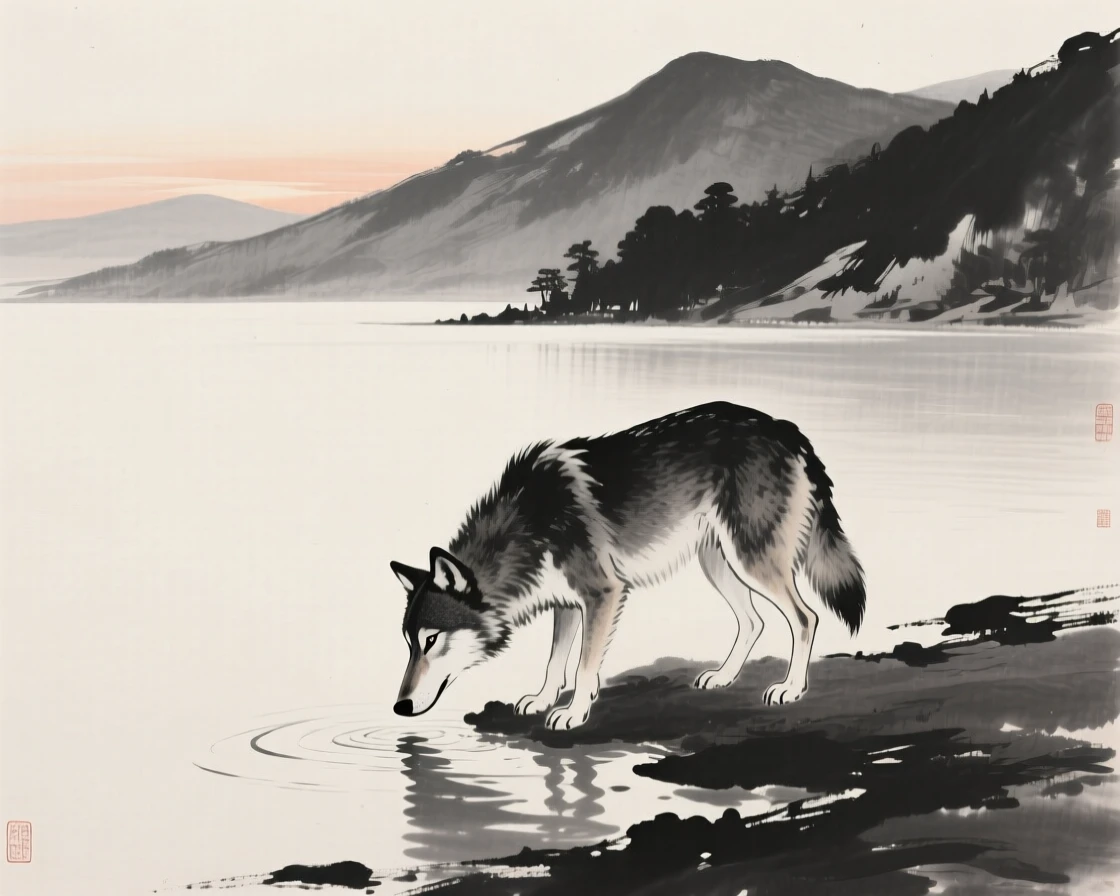 A wolf gathered near a watering hole at dawn beside a tranquil mountain lake, captured in profile against a soft, empty background, carrying a sense of quiet dignity and wildness.