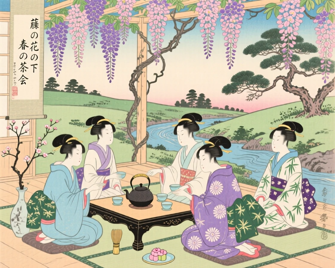 A spring tea gathering held beneath blooming wisteria vines.
