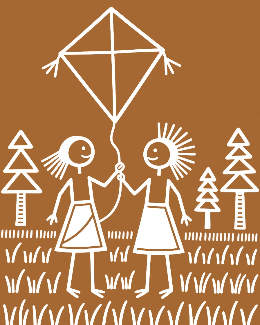 Twin sisters flying a homemade kite in an open field.