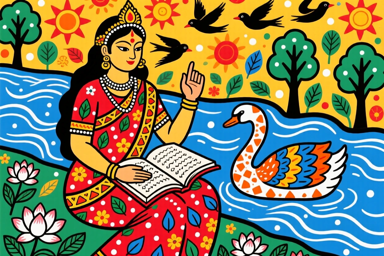 Saraswati seated beside a flowing river with a book and a swan.