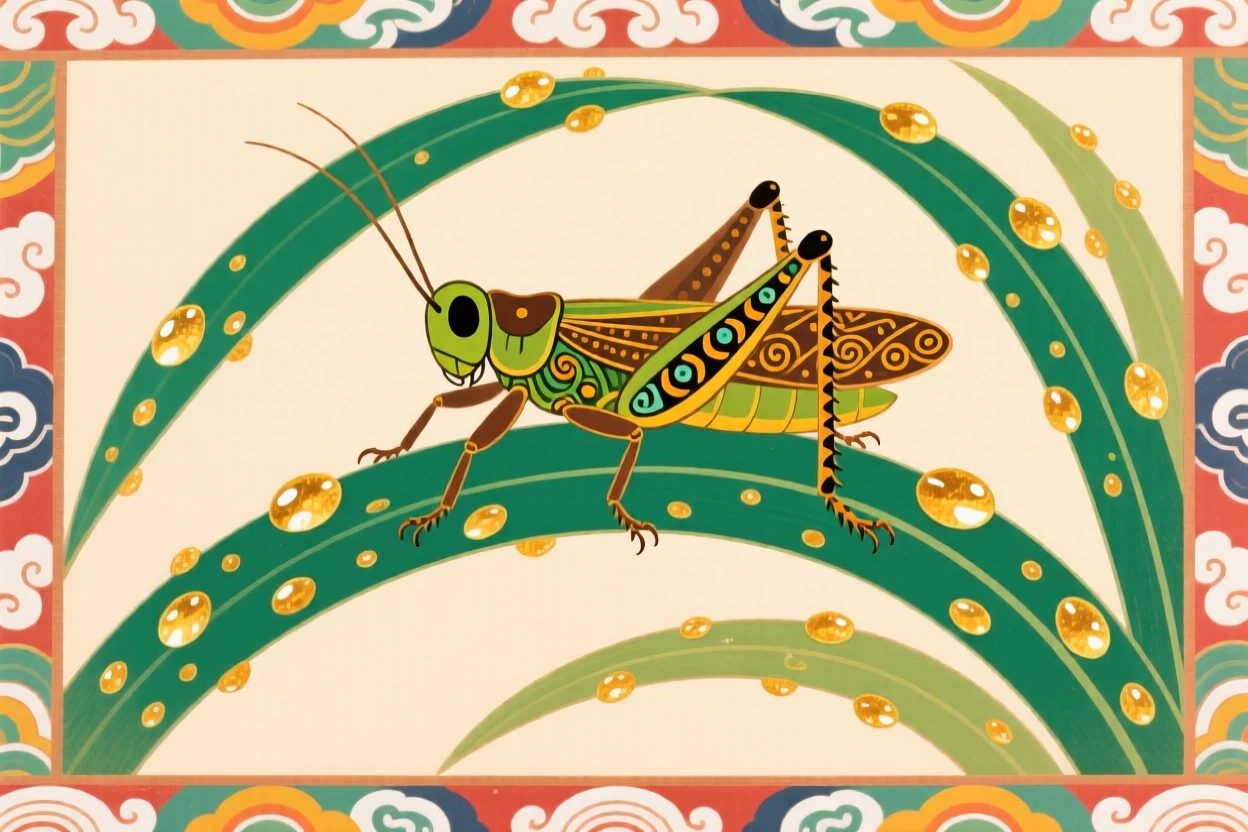 A cricket perched on a dew-covered blade of grass.