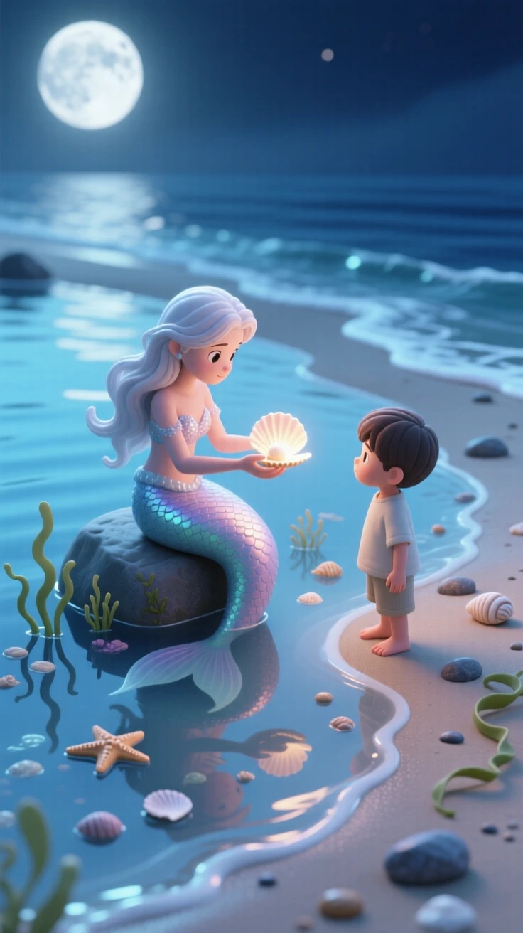 A mermaid trading seashells with a curious human child at the edge of a moonlit tide pool.