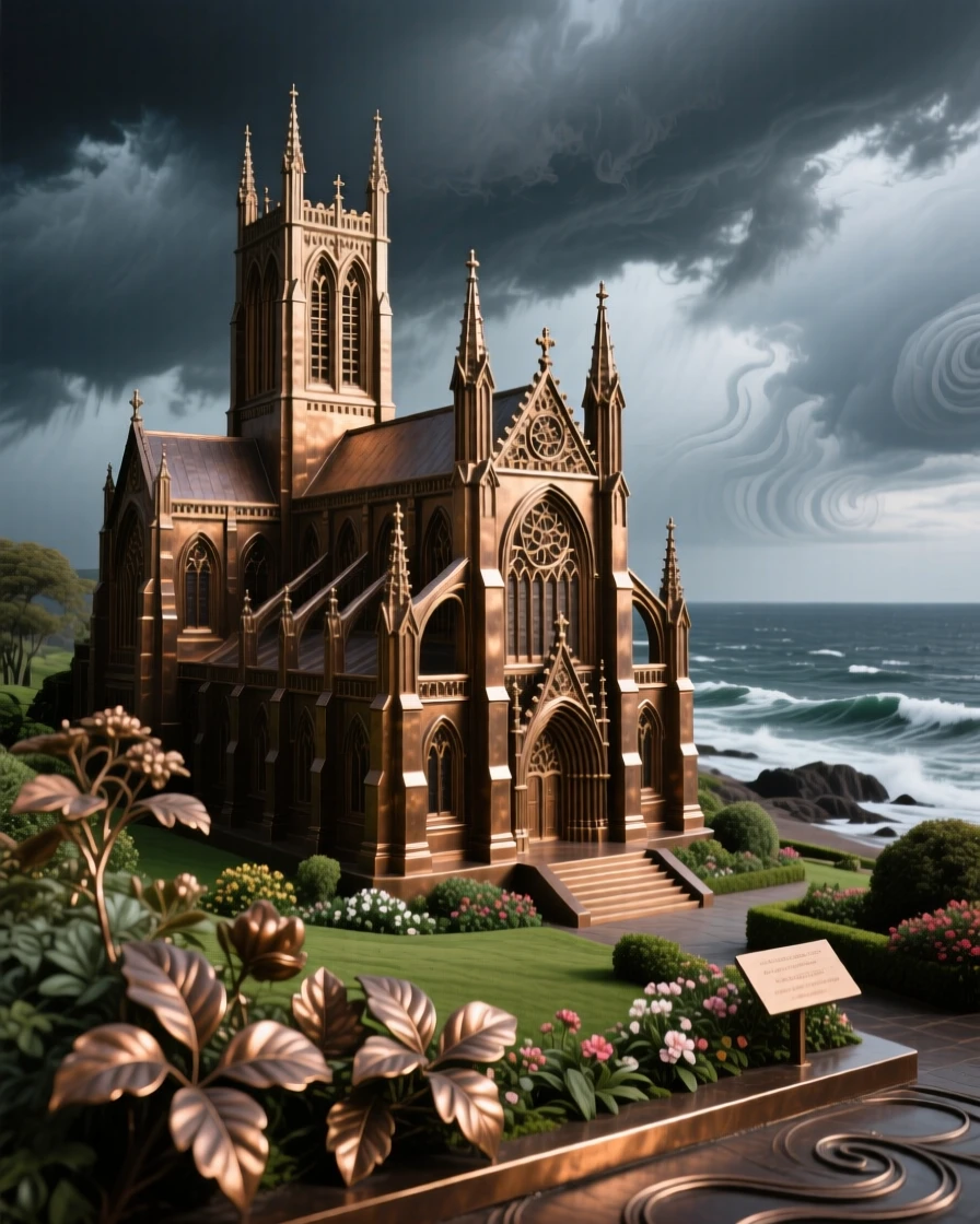 A majestic seaside cathedral facing a stormy horizon, surrounded by lush, verdant gardens, exuding timeless grandeur