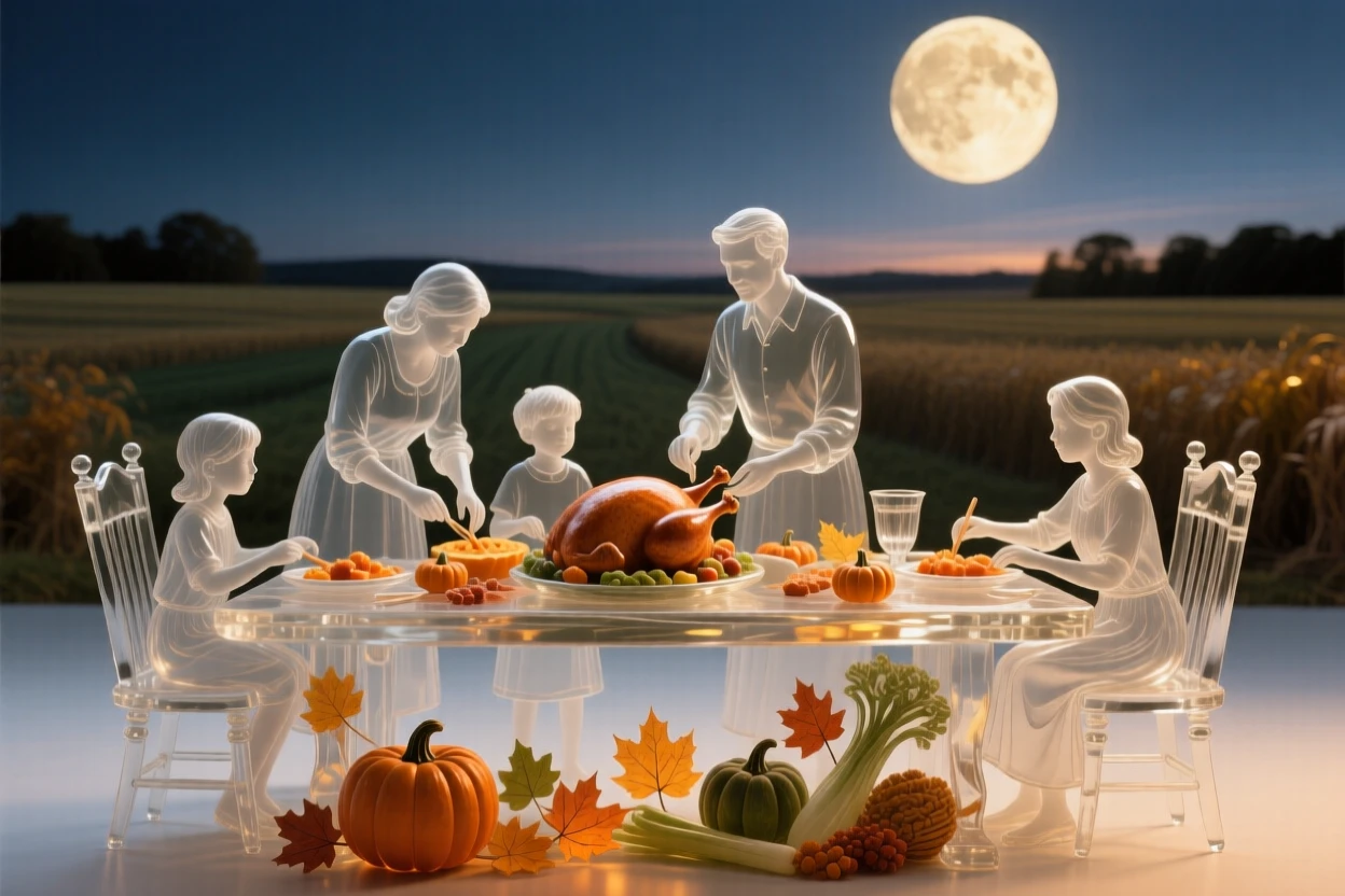 Beneath a harvest moon rising over the fields, a family carving a turkey at a long autumn table