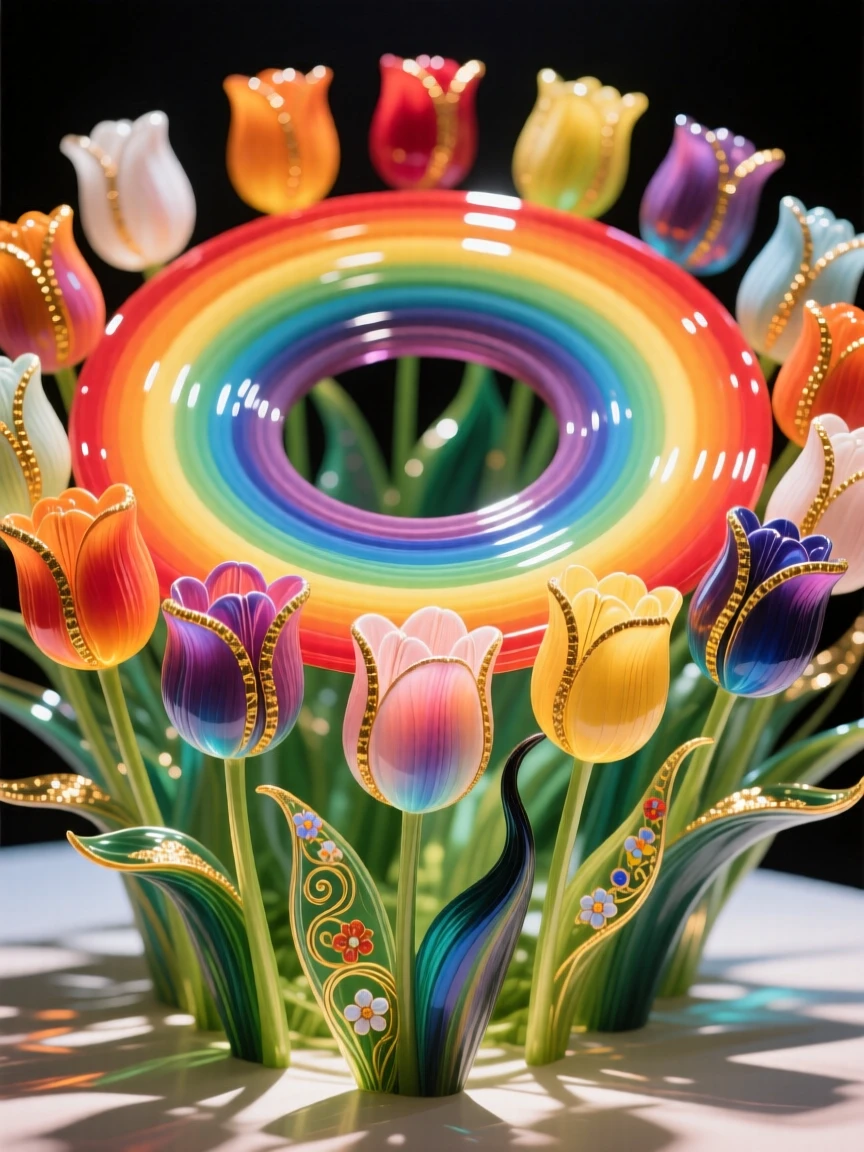 A field of blooming tulips arranged in perfect concentric rainbow rings, cheerful and vivid.