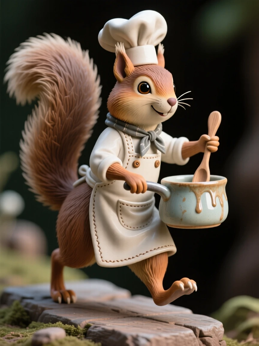 A squirrel chef stirring a tiny pot caught mid-step on a whimsical journey, dressed in small, carefully stitched garments, radiating coziness and storybook charm.