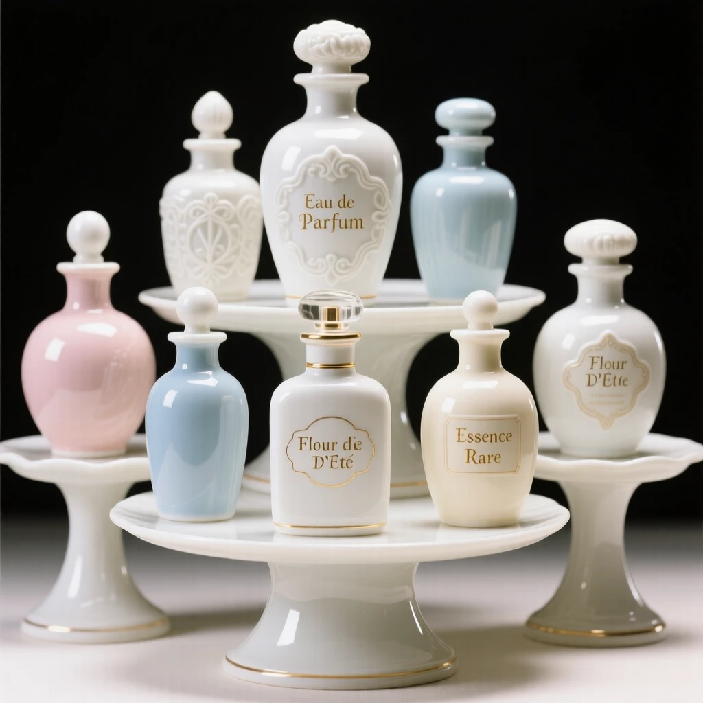 A collection of antique perfume bottles arranged on tiered display stands, each piece catching the light differently.