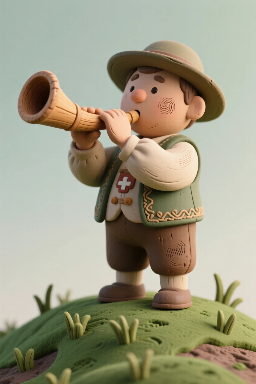 A traditional Swiss alphorn player standing atop a green hillside