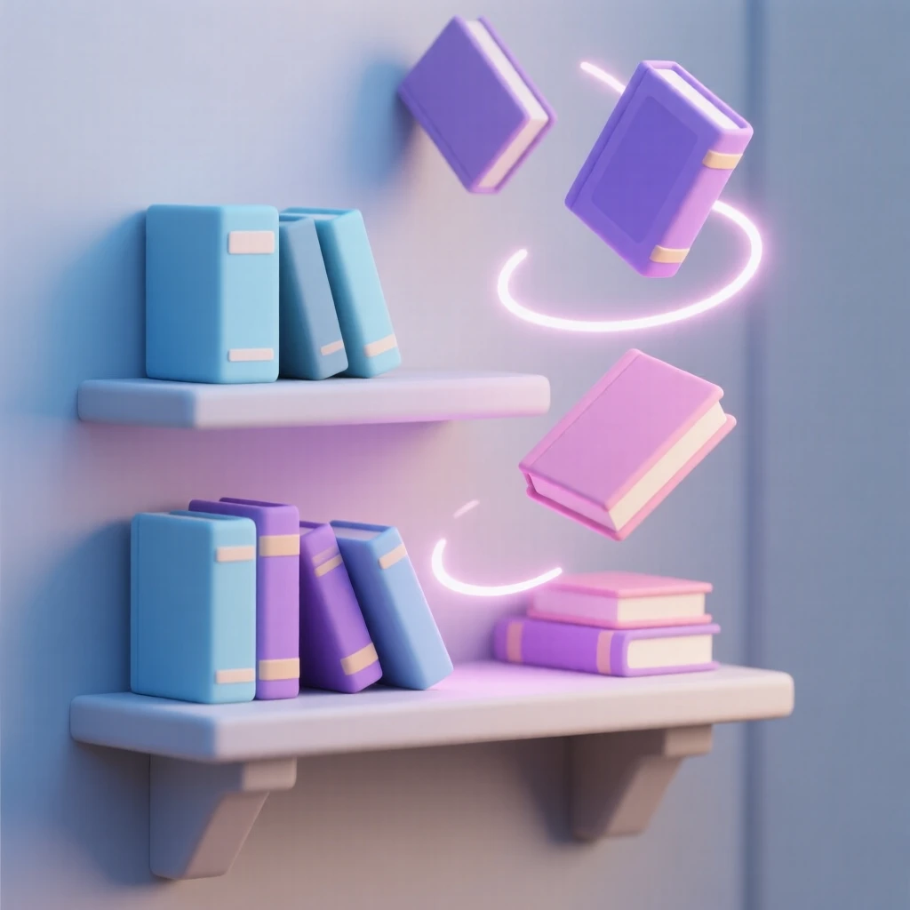 An enchanted library shelf rearranges itself, glowing books floating gently into a new magical order.