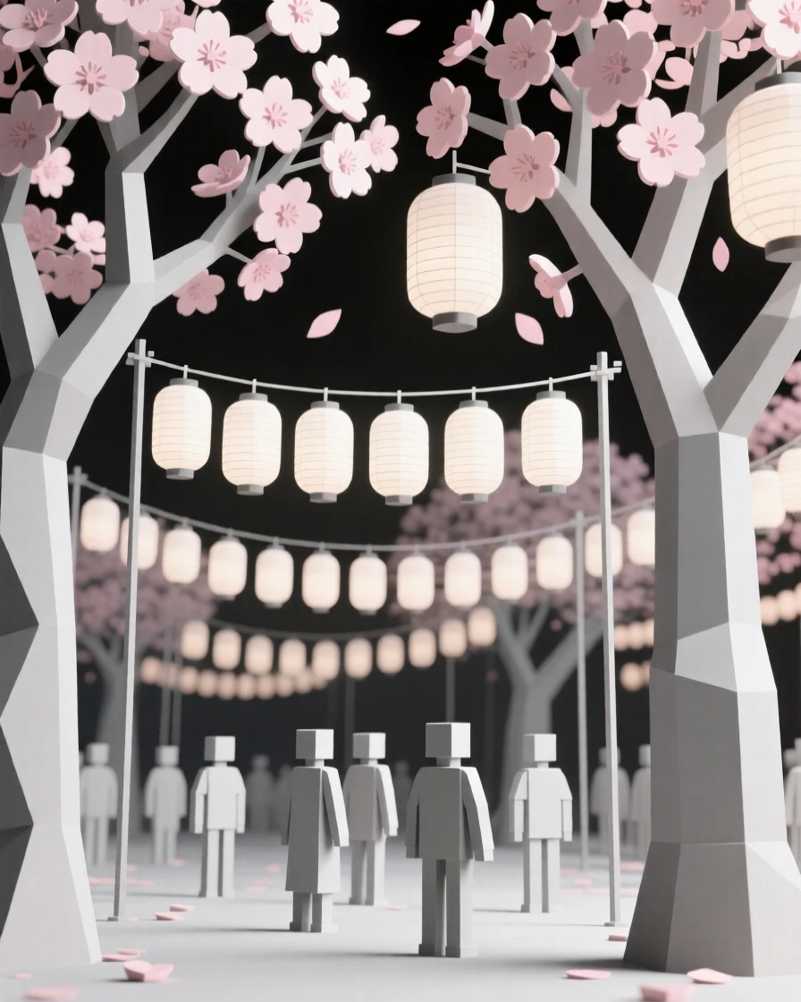 A lantern festival with hundreds of glowing paper lanterns, beneath blooming cherry blossoms. rich seasonal colors bring the scene to life. A gentle sense of togetherness fills the scene.