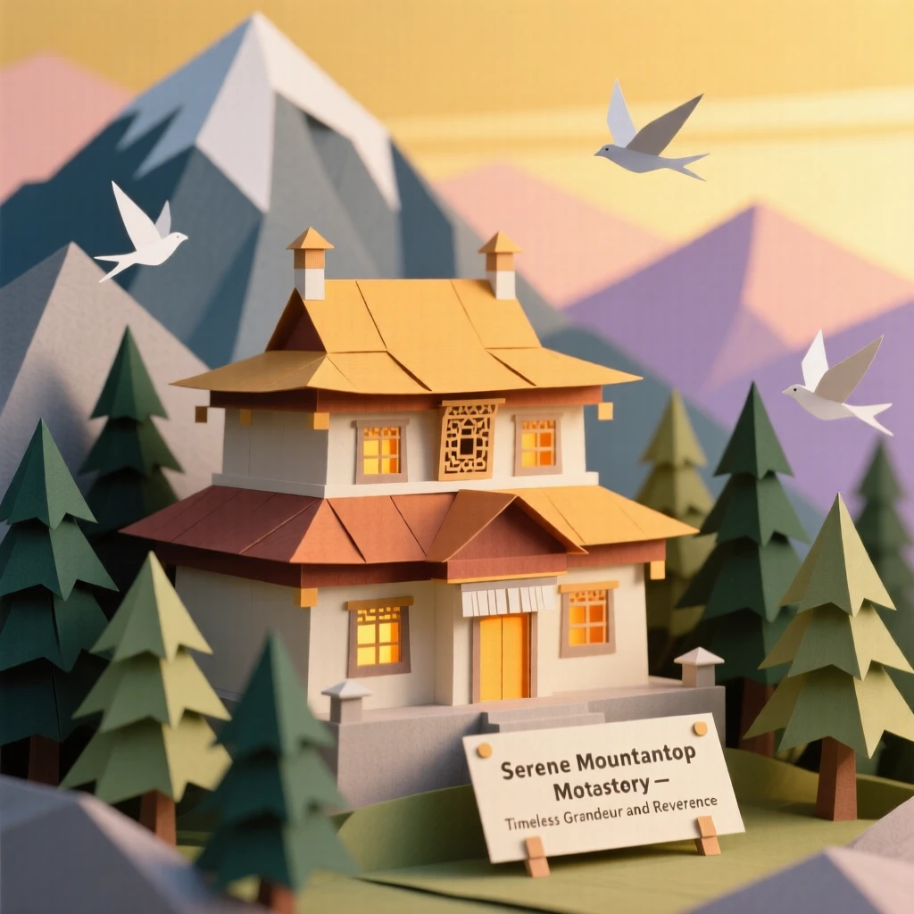 A serene mountaintop monastery bathed in golden late-afternoon light, with warm interior light spilling outward, evoking timeless grandeur and reverence.