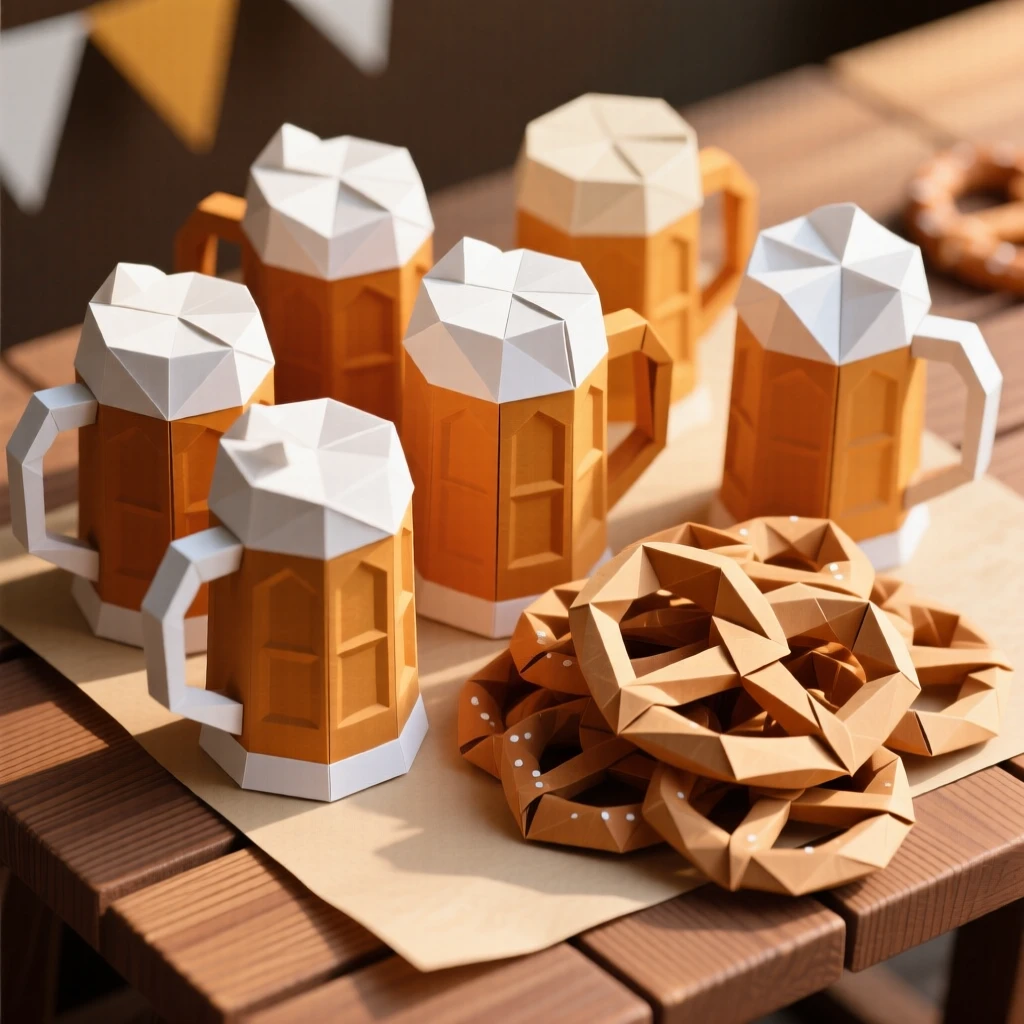 An Oktoberfest scene with steins raised and pretzels piled high on a wooden table.
