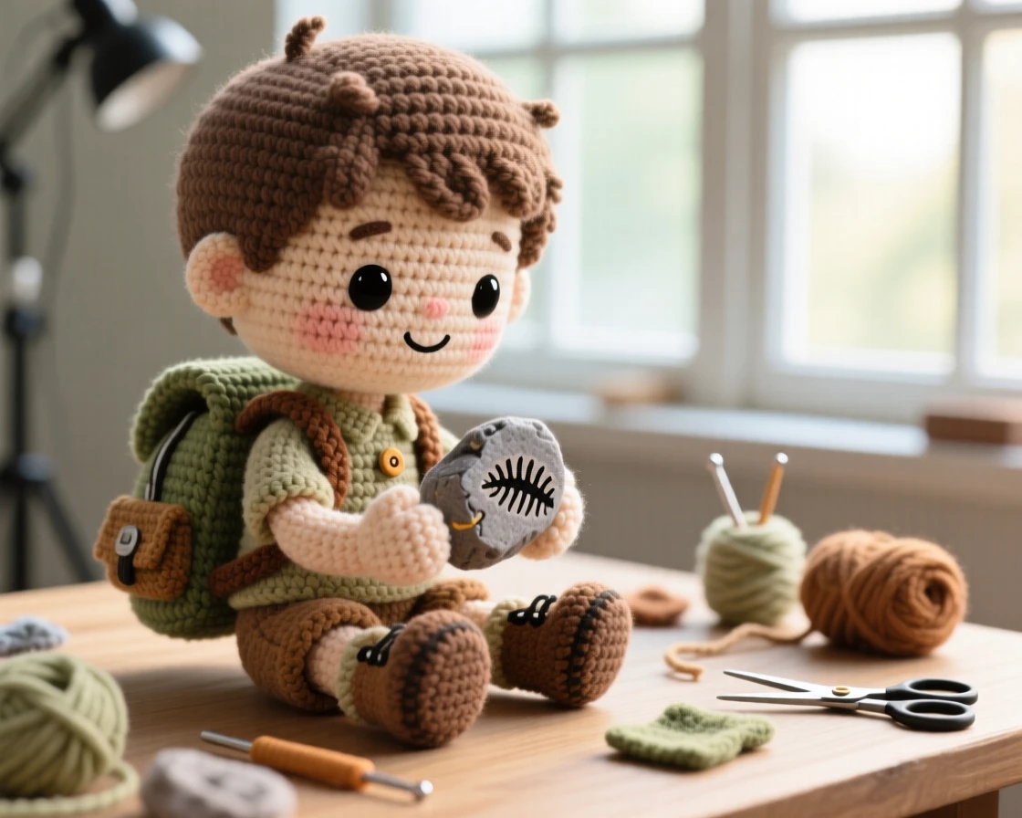 a small boy collecting fossils on a hike, with a small backpack, is captured examining a rock with a curious expression in a sunlit studio with large windows beside a scattering of craft supplies on the table, showing focused determination and quiet pride.