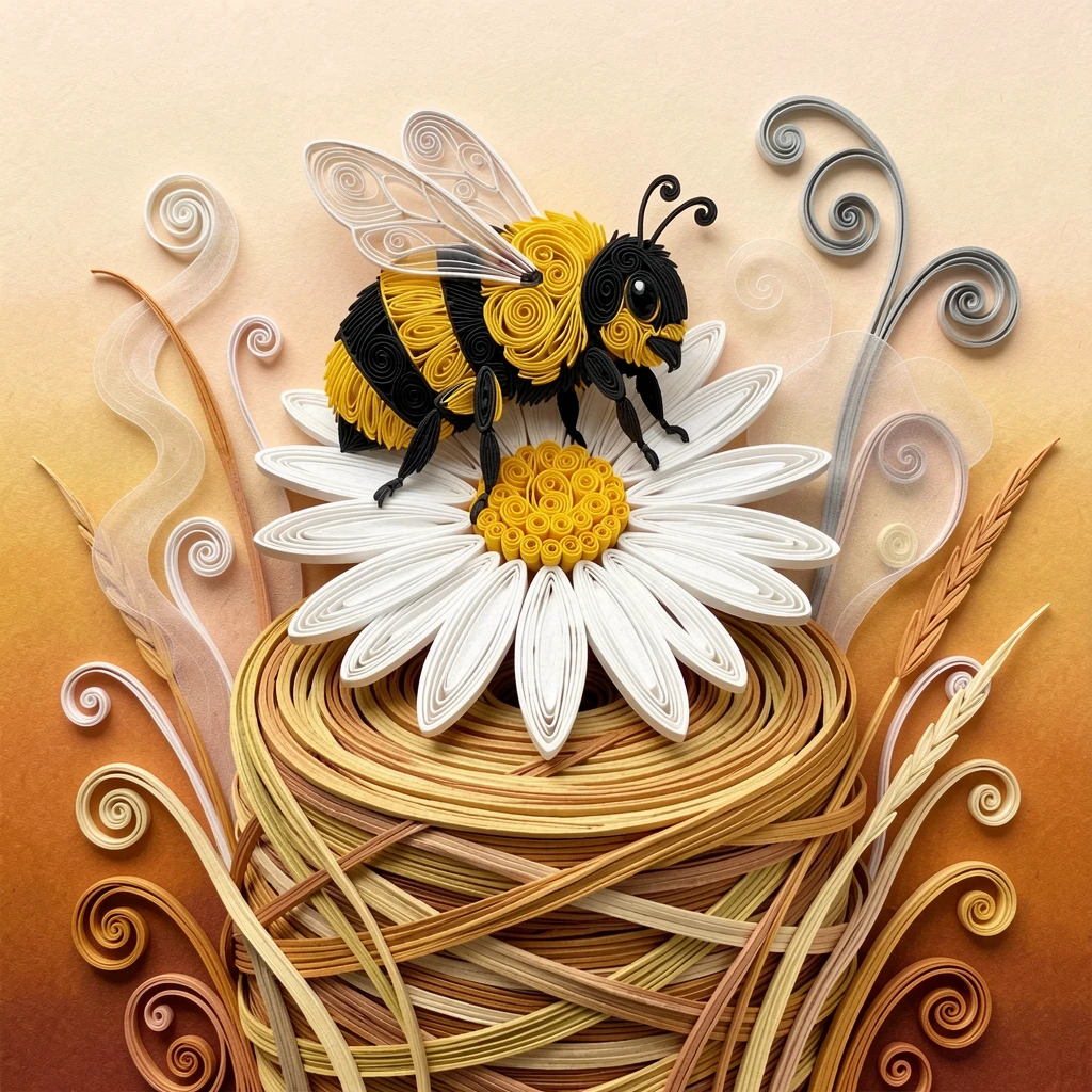 a chubby bumblebee resting on a daisy on a hay bale in a golden autumn field, under a dusting of soft morning mist, set against a warm gradient background.
