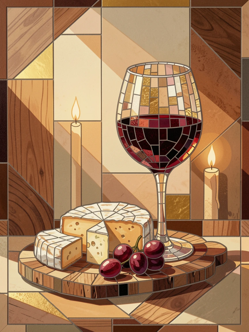 A glass of red wine beside a rustic cheese board in candlelight, styled beautifully with warm natural window light.