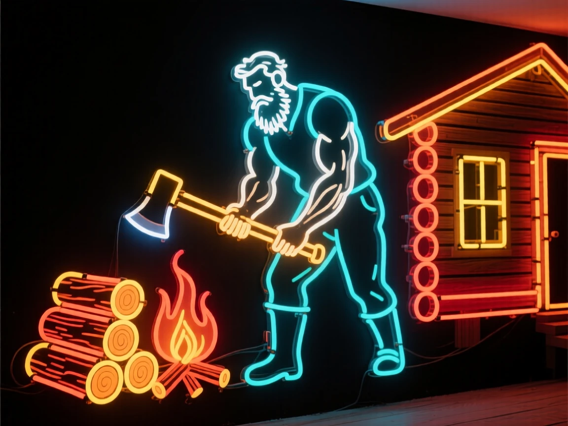 A rugged man with a beard chopping firewood outside a cabin.