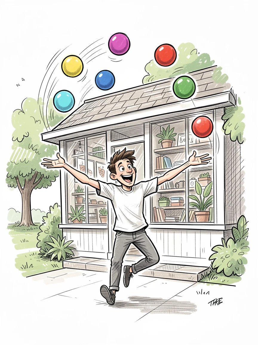 A juggler tossing colorful balls in a park inside a charming little shop.