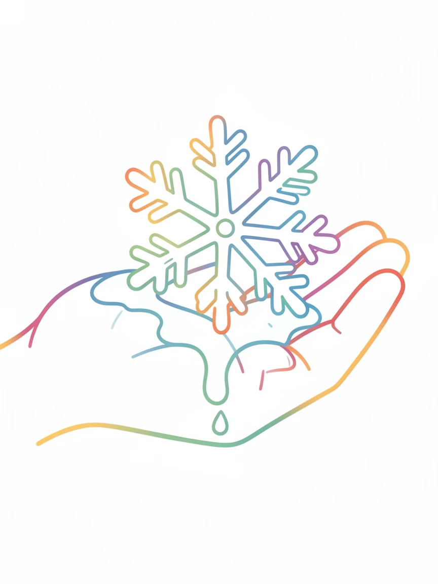 A close-up of a snowflake melting gently on an outstretched palm.