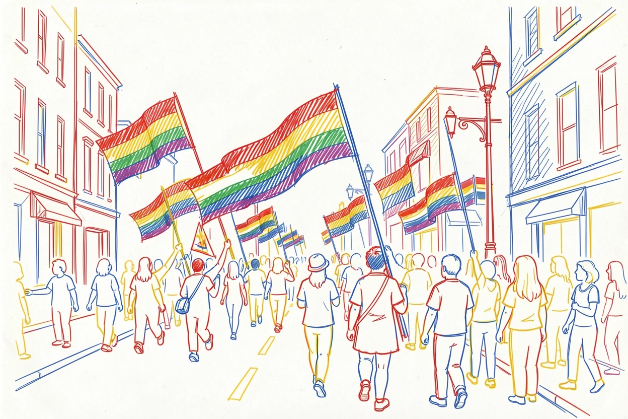A colorful pride parade with rainbow flags waving along a city street