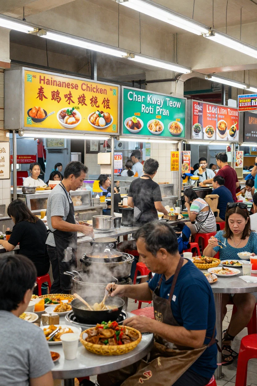 A Singapore hawker center filled with steaming food stalls