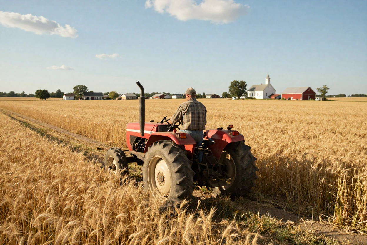 A farmer drives a tractor through a golden wheat field at the edge of a small town.