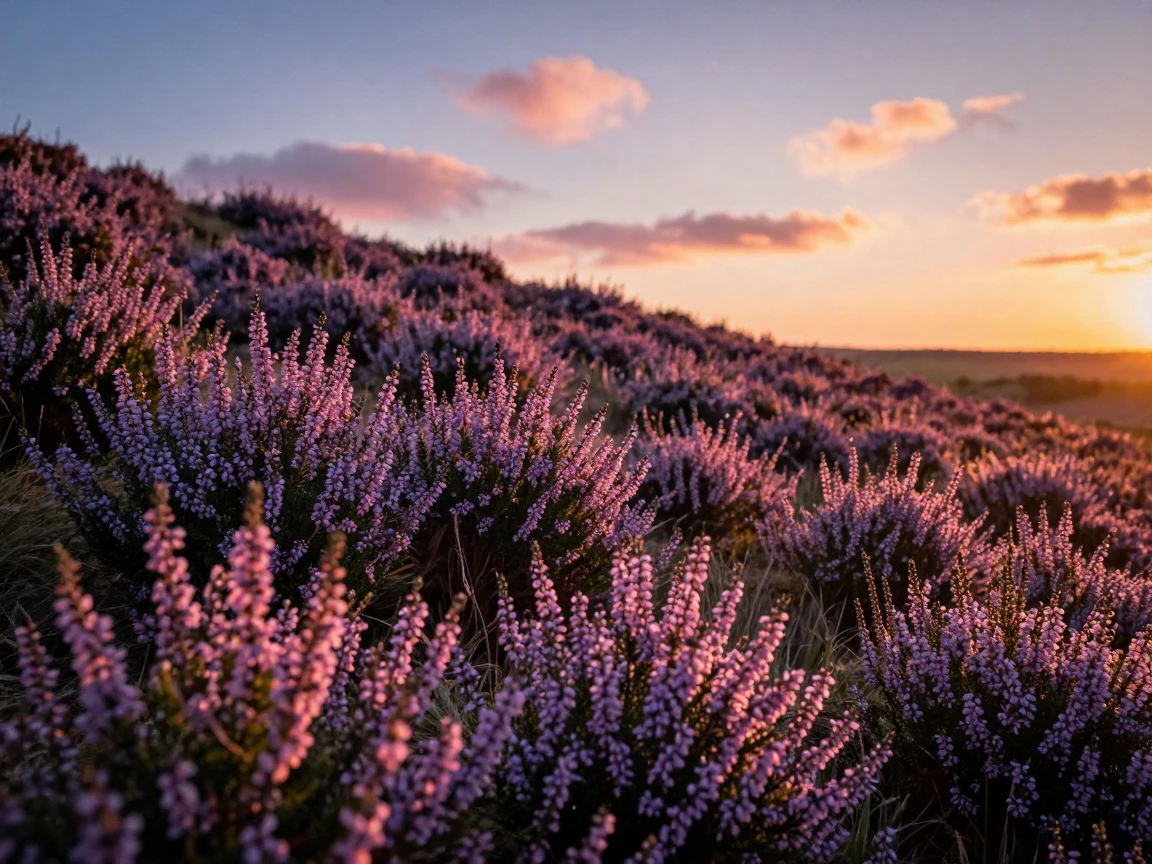 A hillside covered in blooming heather catching the last light of a summer evening