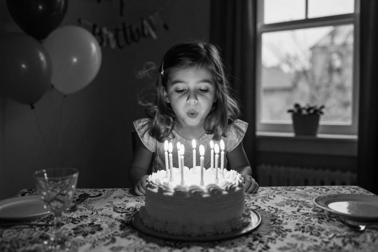 A little girl blows out candles on a birthday cake at a decorated dining table.