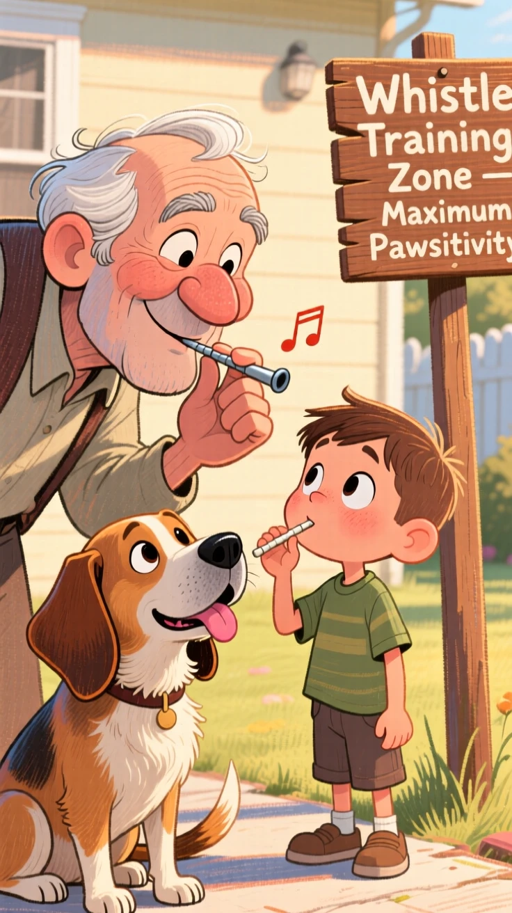 A grandfather teaching his grandson to whistle for their loyal old hound.