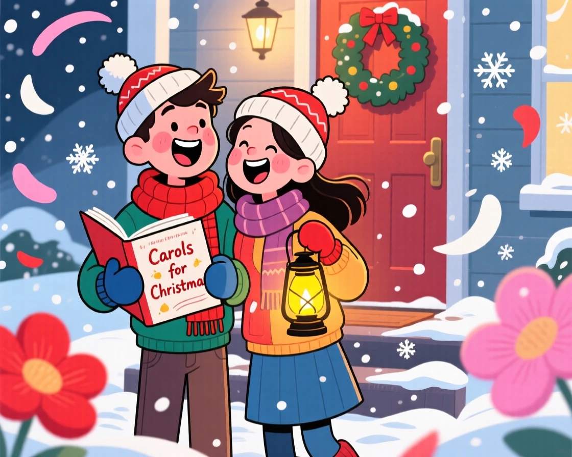 A festive celebration scene of a young couple singing carols together on a snowy doorstep, as flower petals drift through the air.