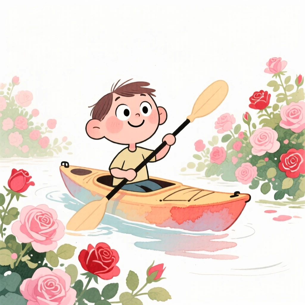 A kayaker surrounded by blooming rose bushes