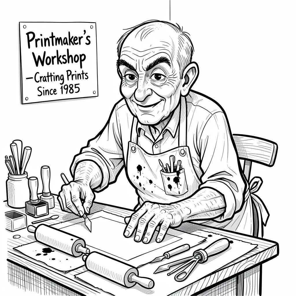 [Occupations & Hobbies] Detailed scene of a seasoned printmaker setting up tools for the day, showcasing skill and dedication