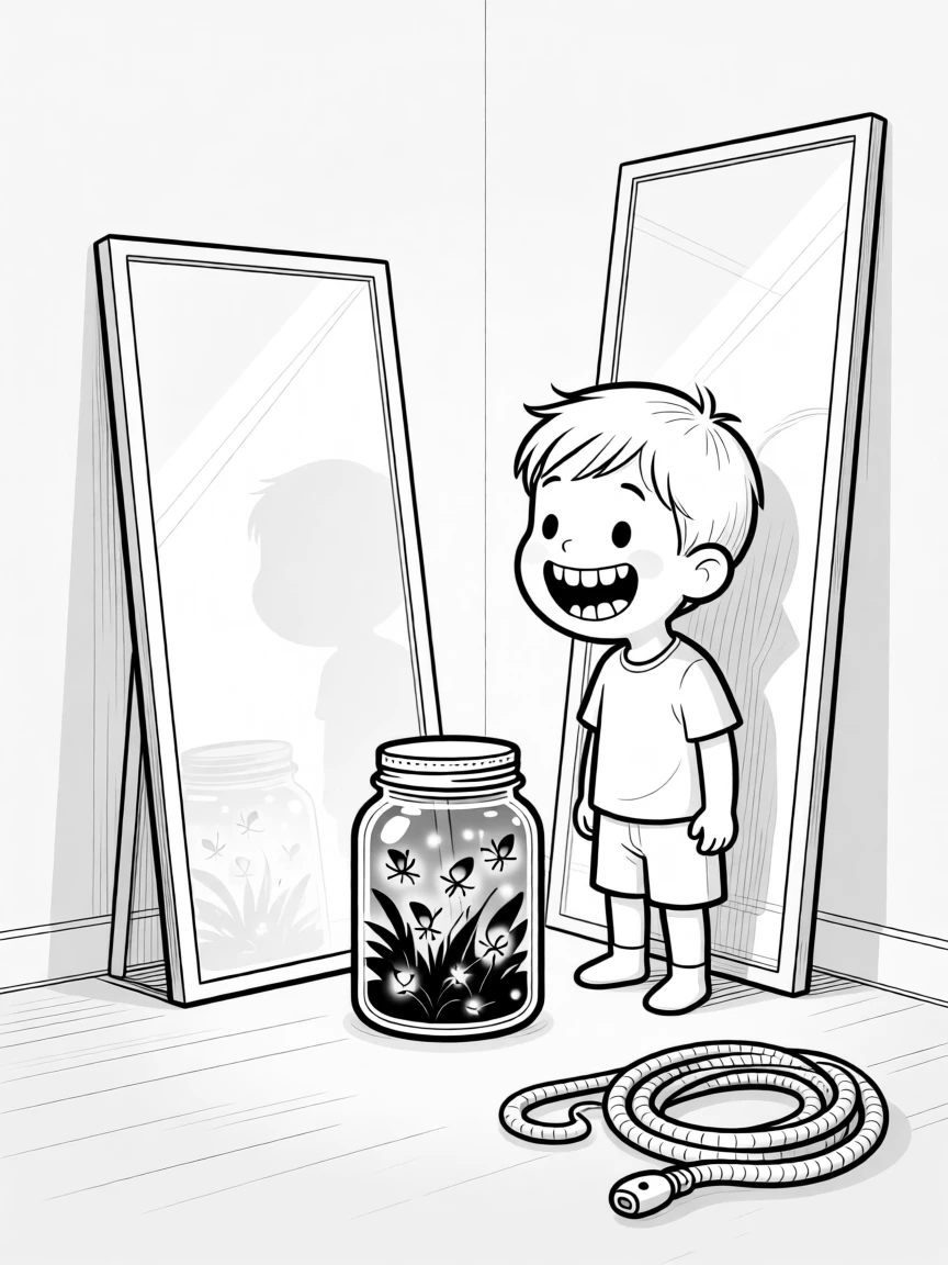 A child staring in wonder at a jar of fireflies, grinning so wide the gap is impossible to miss, set in a bedroom mirror corner. A garden hose lies coiled like a sleeping snake. The image radiates the carefree magic of being young.