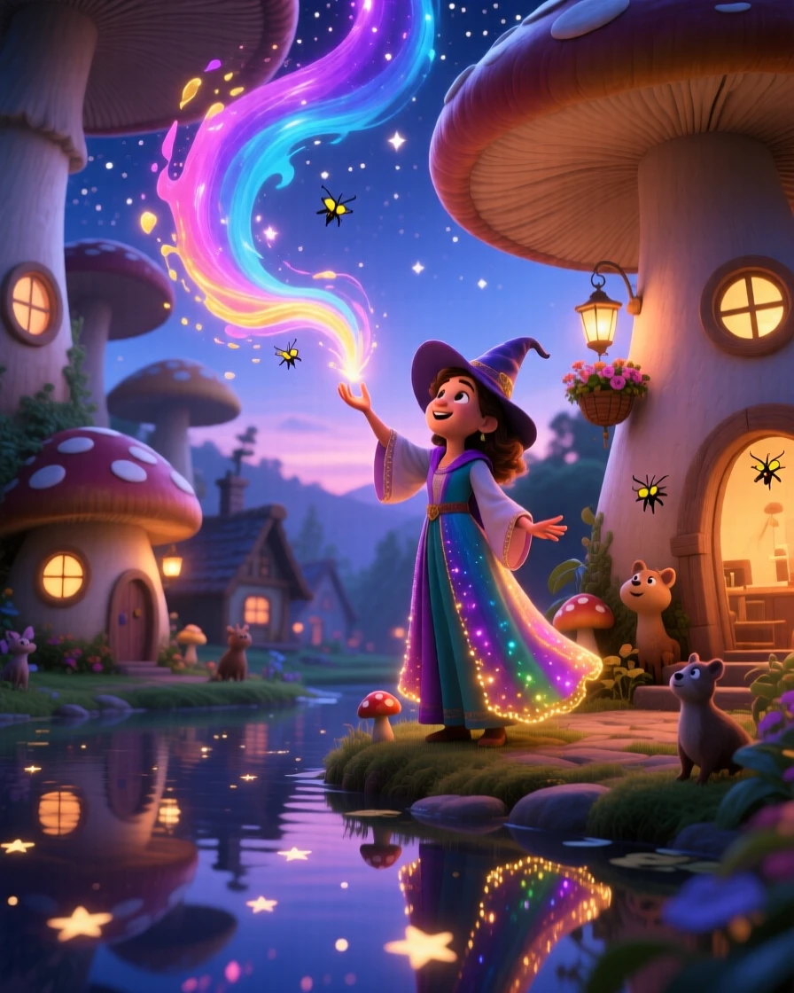 A young sorceress stands in a village built inside giant mushrooms, painting the sky with swirling colors. The mood is enchanting, hopeful, and dreamlike, with stars reflected in a nearby pool of water.