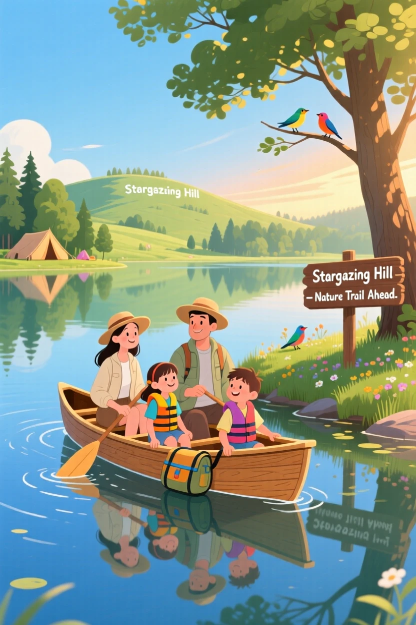 A family of campers pauses while paddling a small canoe across a calm lake in a stargazing hilltop, as sunlight filters through the leaves.