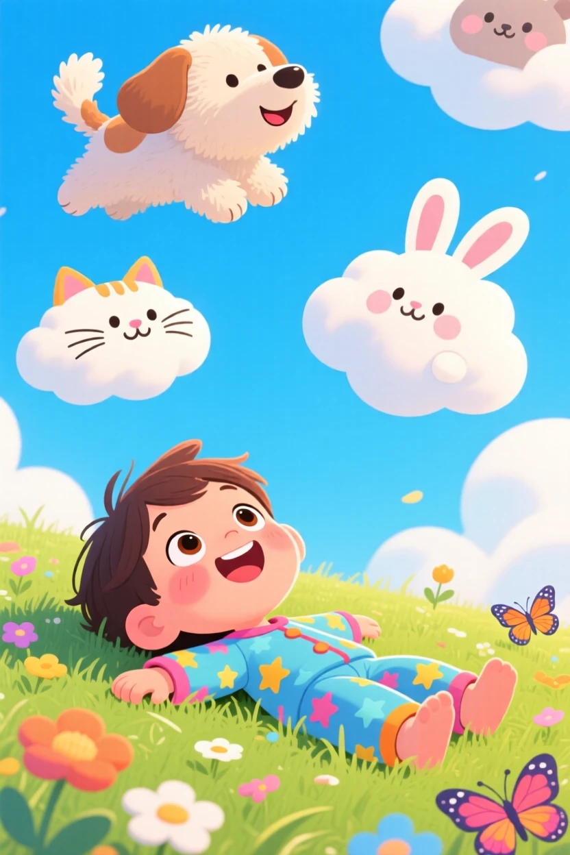 A child dreaming of clouds shaped like their favorite animals.