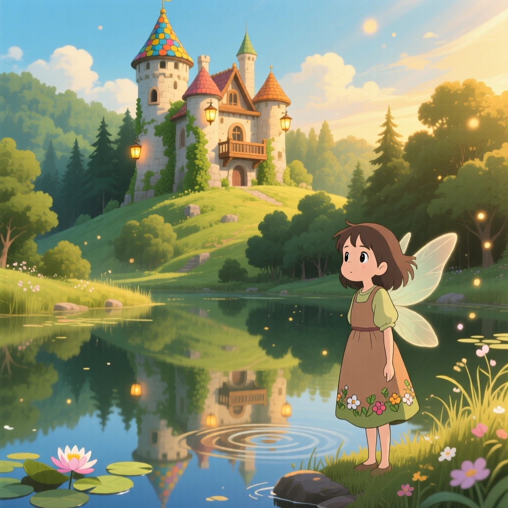 A charming view of a fairy-tale castle perched atop a forested hill, reflected perfectly in a still nearby pond.