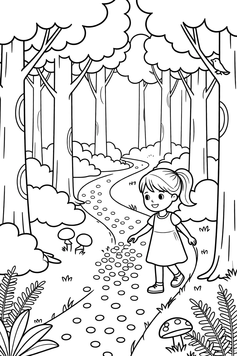 A young girl following a trail of breadcrumbs through the woods