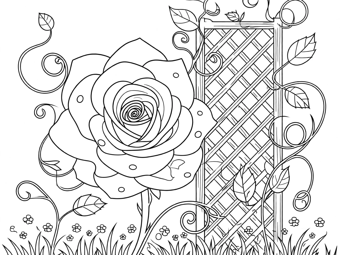 A single rose with dew drops on its petals, with vines curling around a nearby trellis.