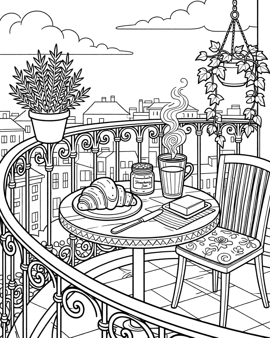 A cozy croissant and jam breakfast scene on a balcony.