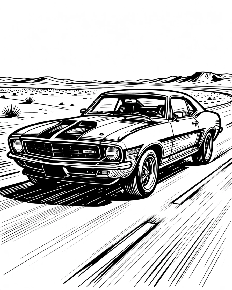 A classic muscle car speeding down an open desert highway.