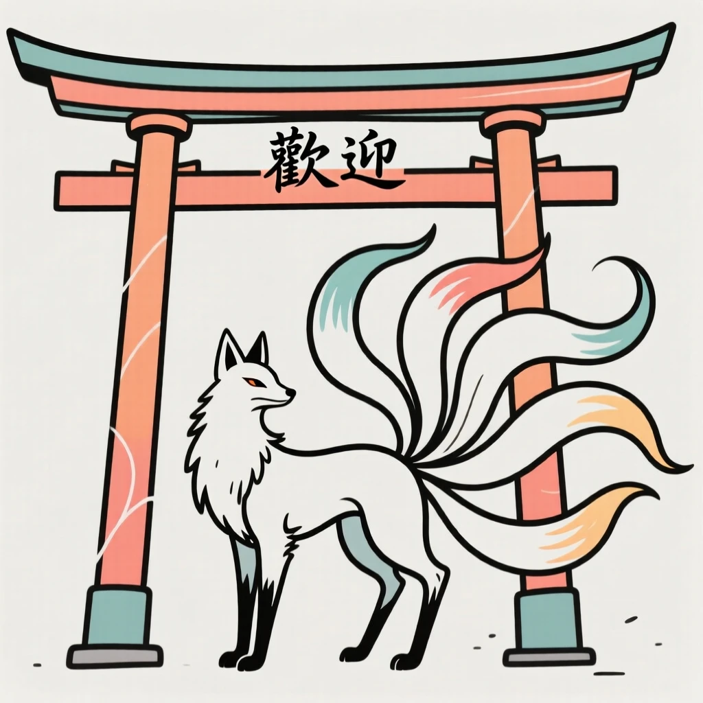 A kitsune fox spirit with multiple tails standing beneath a torii gate.