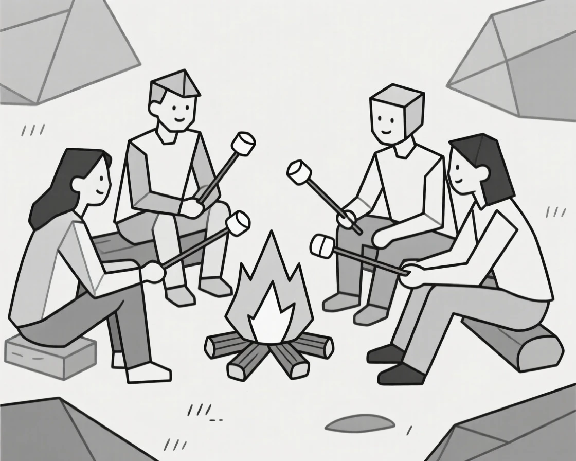 A group of friends roasting marshmallows around a campfire