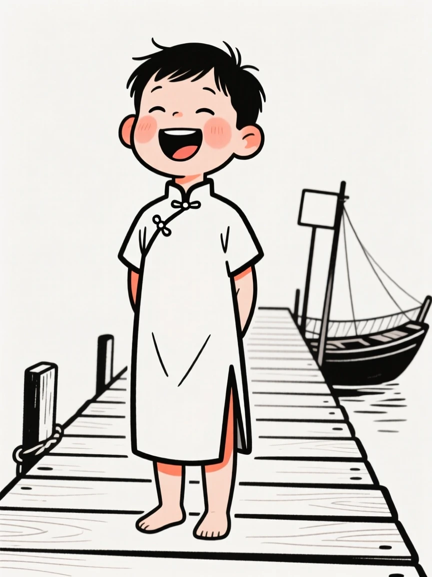 A young boy of Brazilian heritage wearing a Chinese qipao, laughing joyfully, on a wooden fishing pier.
