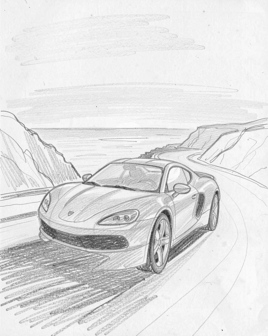 An eye-catching view of a sleek sports car parked at sunset along a winding coastal road, with golden sunset light reflecting off the chrome.