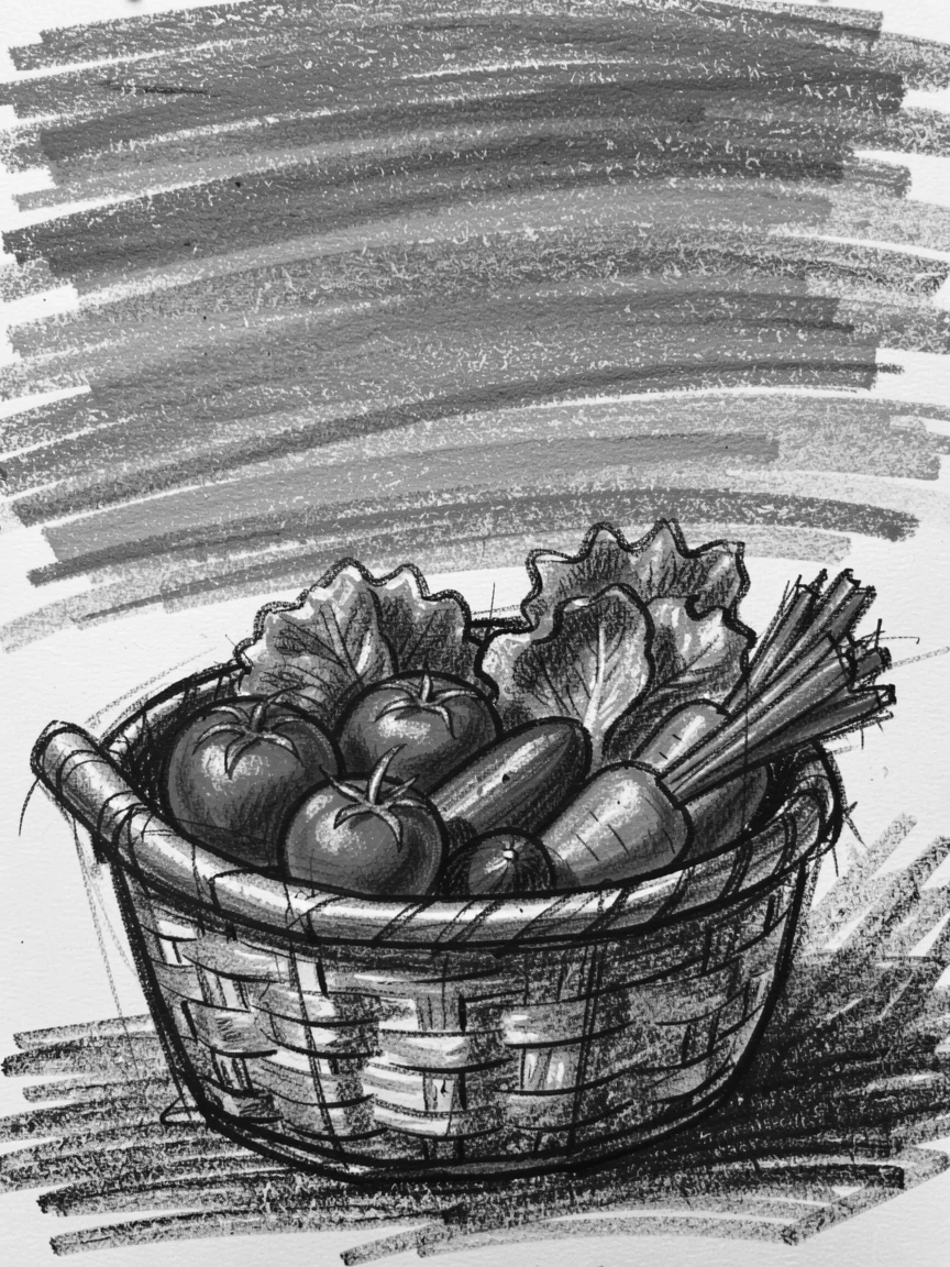 A basket overflowing with fresh garden vegetables, beneath a sky streaked with sunset colors.