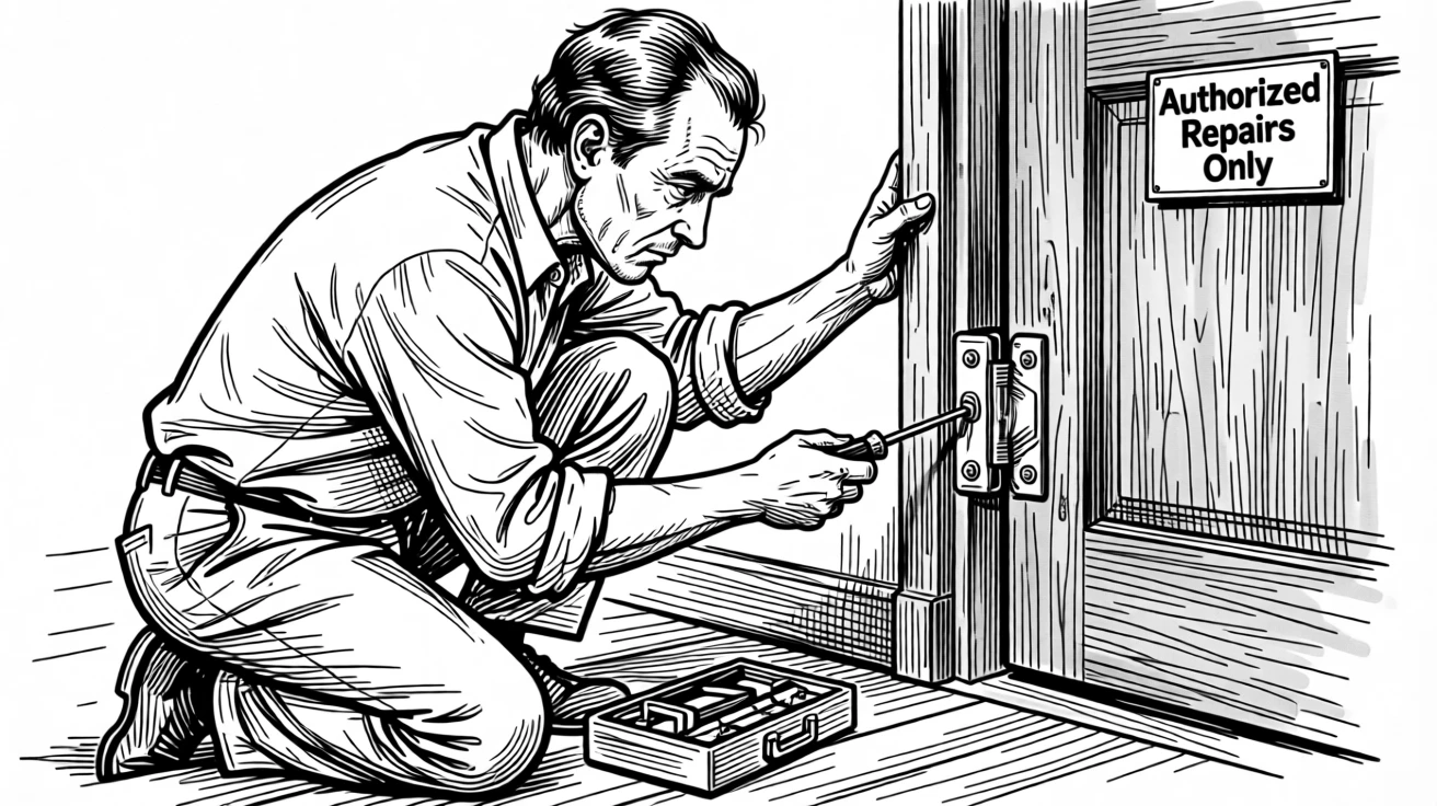 A man fixing a squeaky door hinge with a small toolkit.