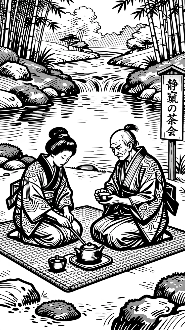 A traditional tea ceremony in a quiet garden beside a river that has flowed for generations, with intricate patterns woven into the fabric, portrayed in a deeply rooted in tradition historical scene.