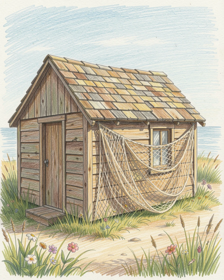 A rustic seaside cottage with fishing nets drying in the sun, with rich, inviting textures throughout the scene, radiating comfort, joy, and quiet beauty.